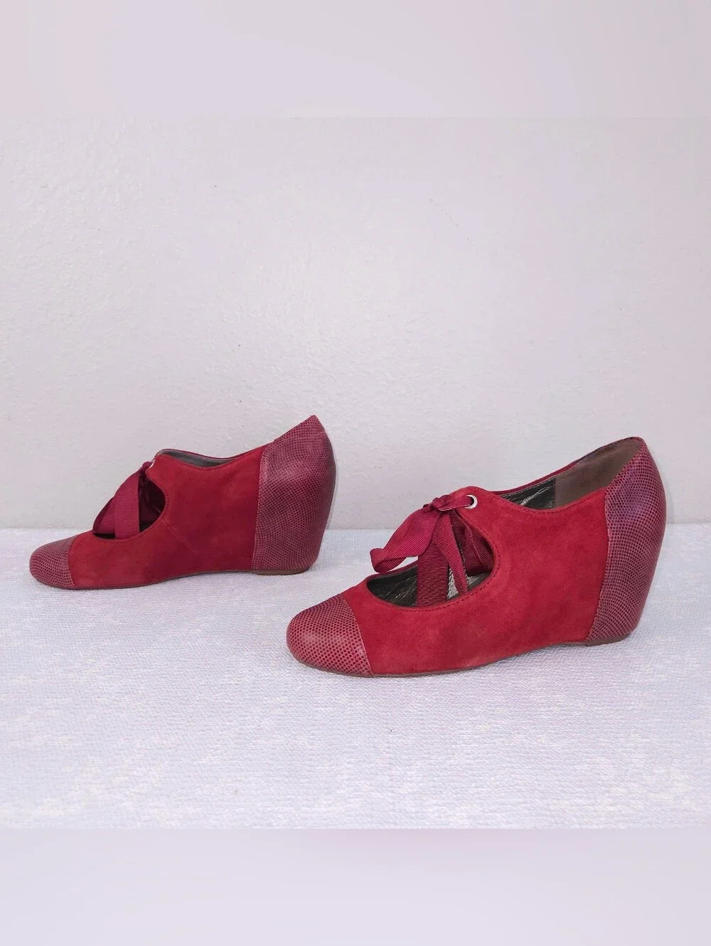 Jeffery Campbell Ynez Mary Jane Wedge US 9 Red Suede Leather Cap Toe Pumps - Picture 2 of 10